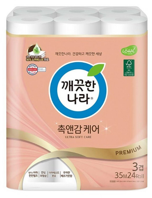 깨끗한나라 촉앤감 케어 천연펄프 화장지 3겹 35m 24롤, 24개입, 1개