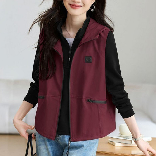 ORZQU 봄 여성 루즈핏 집업 민소매 후드 캐주얼 통근 심플 조끼 코트