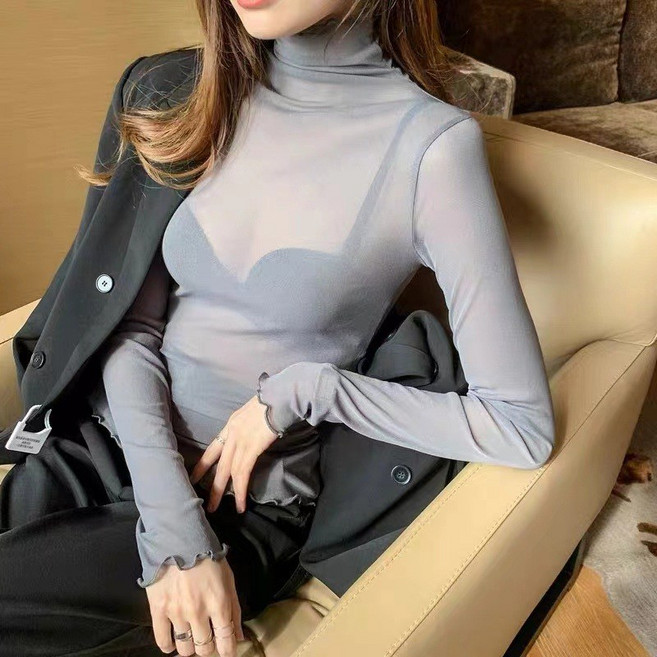 디멜디 여성용 터틀넥 시스루 블라우스 티셔츠