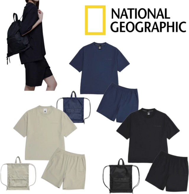 (국내매장판 A/S 가능) 내셔널지오그래픽 우븐 반팔/반바지/스트링백 3PCS 세트 남녀공용 학생 가볍고 편한 깔끔 베이직 스테디셀러 여름 데일리 트레이닝복세트