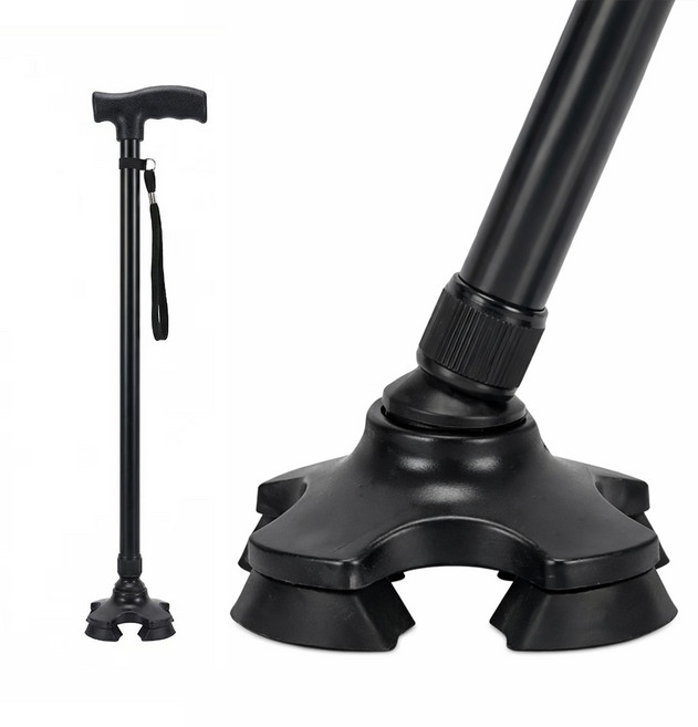 리플랜 초경량 길이조절 한발 네발지팡이, 블랙, 1개