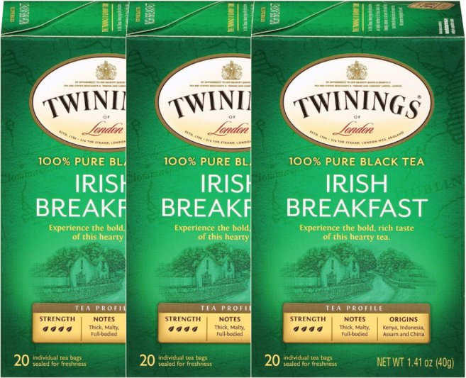 Pure Black Tea Irish Breakfast 트와이닝 퓨어 블랙티 아이리쉬 블랙퍼스트 티 20티백 Twinings, 3개, 40g, 20개입