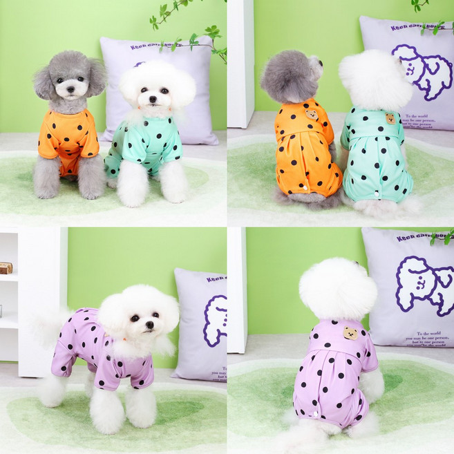 마일로앤코코 땡땡이 강아지 올인원 애견 봄옷 가을옷 실내복 호박바지 의류 새끼 아기 반려견옷 내복 중성화옷, 퍼플, 1개