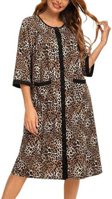 YOZLY Cotton House Dress for Women 3/4 Sleeve House Coats Dusters Robe Moomoo Nightgowns with Pock, Black Leopard