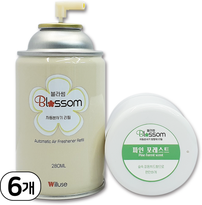 윌유즈 블라썸 자동분사기 방향제 리필 파인포레스트 / 아우라 자동분사 호환, 6개, 280ml