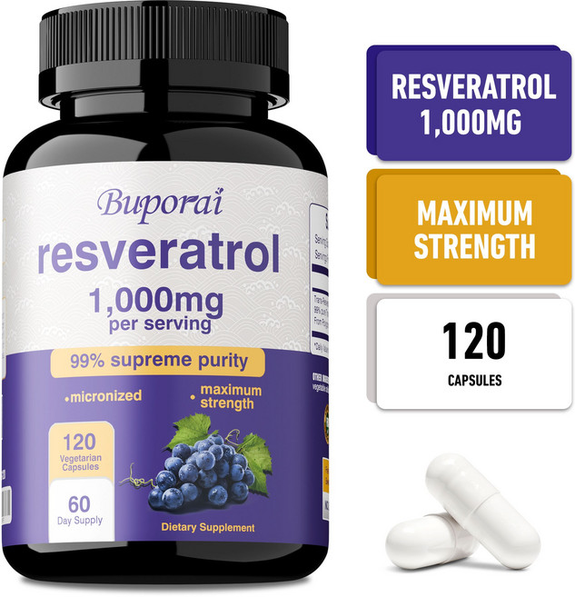 레스베라트롤 보충제 - 노화 방지 심혈관 및 관절 건강 지원 피부 건강, 1개, 60정