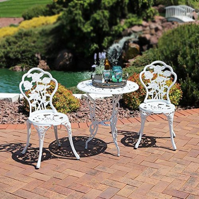장미 주물 2인 세트 야외 의자 테이블 정원 알루미늄 철제, 화이트