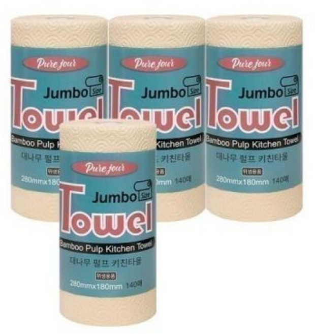 개별포장 3겹 점보사이즈 뱀부 키친타올 140매 x4롤 100% 대나무펄프