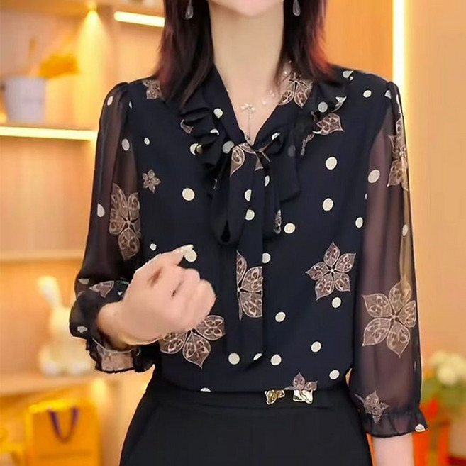 중년여성의류 땡땡이 리본 쉬폰 블라우스 블랙 플라워 긴팔 셔츠 남방 오피스룩 봄셔츠
