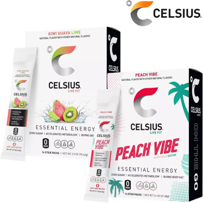 [CELSIUS] [1+1] 셀시어스 히트 워터 제로슈가 키위 구아바 라임 맛 14개입 + 피치 바이브 14개입 에너지 드링크 파우더 Energy Drink Mix