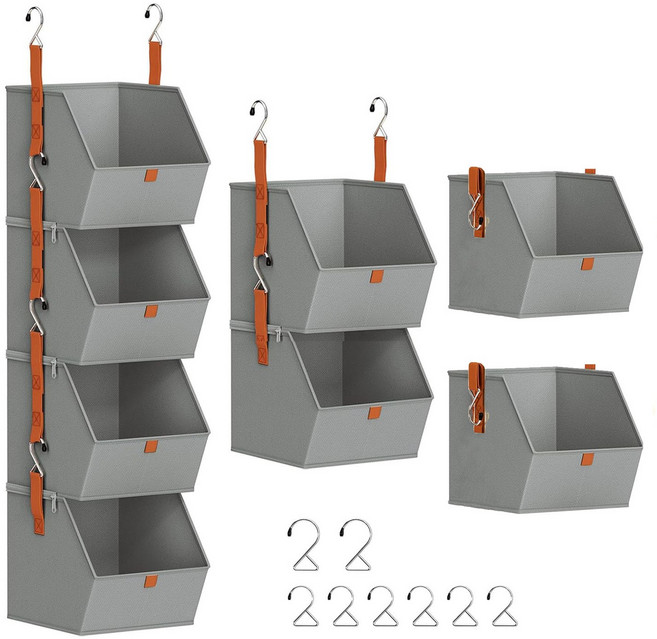 4단 행잉 오거나이저 분리 가능한 옷장 수납 상자 자유 조합이 가능한 의류 수납 상자 다기능 천질 수납 바구니, 1개, 회색