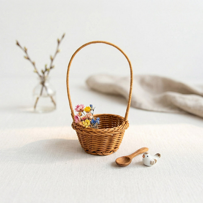 미니 바구니 장식 부활절 달걀바구니 손잡이 수납, 1개, 내추럴브라운