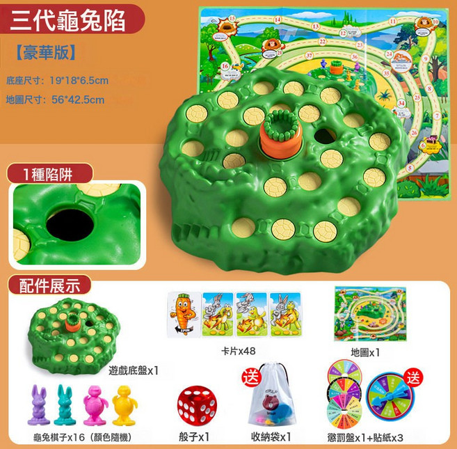 DIU 兒童桌面玩具龜兔賽跑比賽親子互動陷阱卡牌遊戲卡通兔子闖關跳棋, 1個, LS-31兔子三代豪華【1陷阱】:如圖