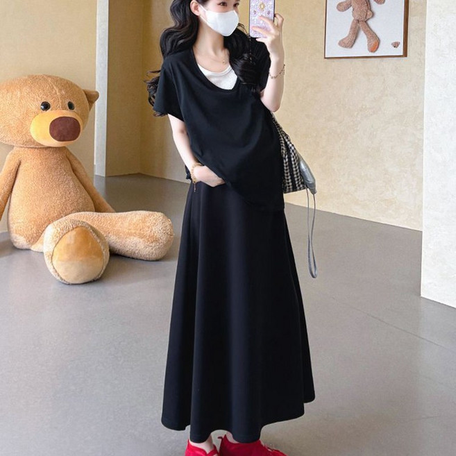 임산부 여름 롱스커트 세트 임부 프렌치 라운드넥 루즈핏 반팔 상의 + 롱치마 캐주얼 임부복 상하의 세트 LCL