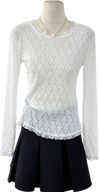 Makone 여성 라운드넥 레이스패치 슬림핏 이너티 아가일 솔리드 심플 이너티