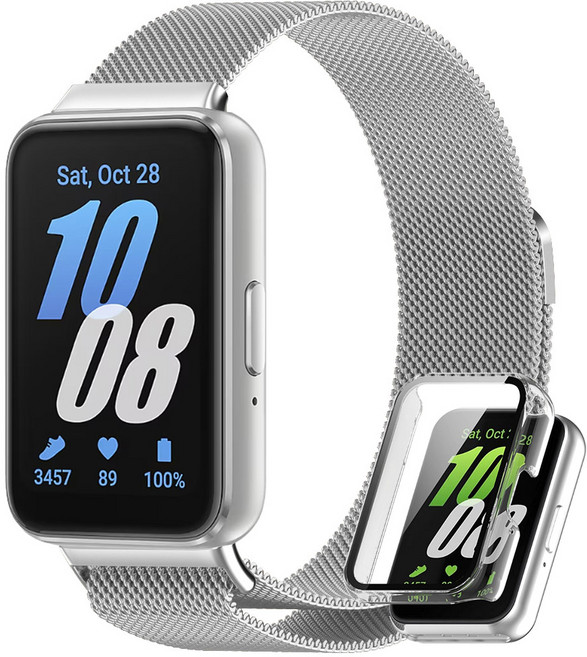 림스테일 갤럭시핏3 메탈 스트랩 + 액정보호형 풀커버 케이스, 실버