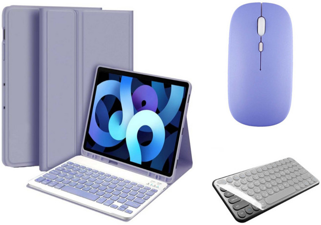 아이패드 호환 에어 프로 미니 1/2/3/4/5/6/7/8/9/10 세대 M2 M4 펜슬 수납 블루투스 키보드 케이스 무선 마우스 세트 iPad Pro Air Mini 케이스나라, 라벤더