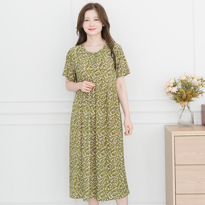 아킵 버튼 반팔 원피스 데일리 홈웨어 냉감 잠옷