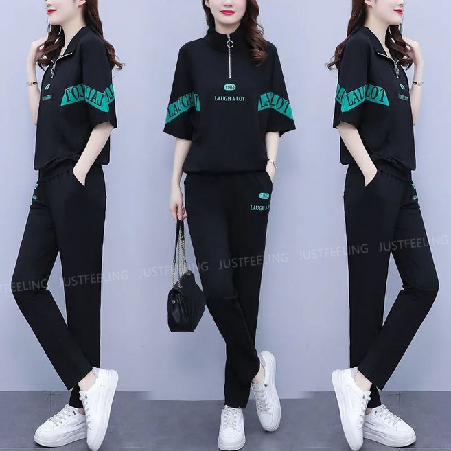 JUSTFEELING 중년여성 운동복세트 반집업 하이넥 반팔티셔츠 배색라인 운동바지 루즈핏 데일리 편안한 상하투피스 레터링 날씬해보이는 여름세트 M-4XL