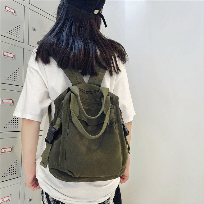 帆布後背包 手提兩用學生書包, 綠色