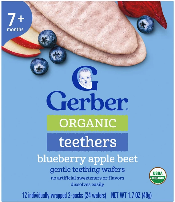 Gerber 유기농 티더 부드러운 치아 발육 웨이퍼 7개월 이상 블루베리 애플 비트 개별 포장된 2팩 12개 각 4g(0.14oz) Gerber (거버), Gerber, 유기농 티더, 부드러운 치아 발육 웨이퍼 - 쿠팡