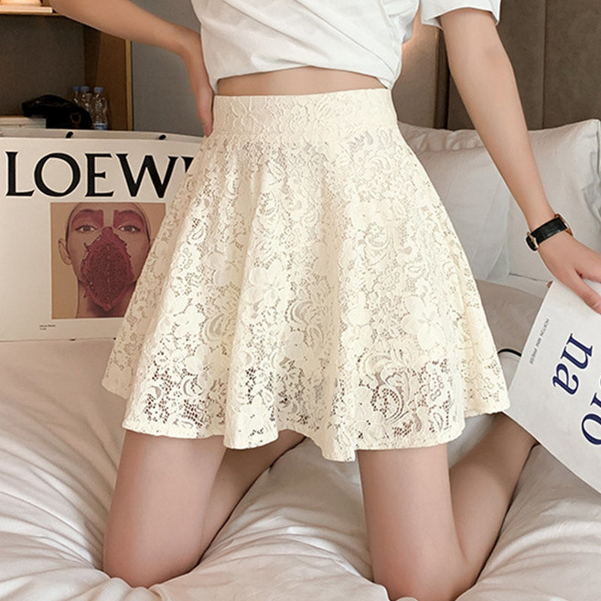 여성용 레이스 펀칭 스커트 하이웨스트 a라인 스커트 미니 치마 women's skirt