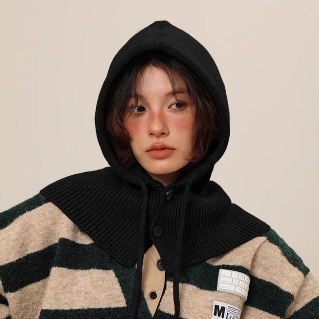 패션파트너 남녀공용 스트링 후드 모자 바라클라바 단추 니트 넥 워머