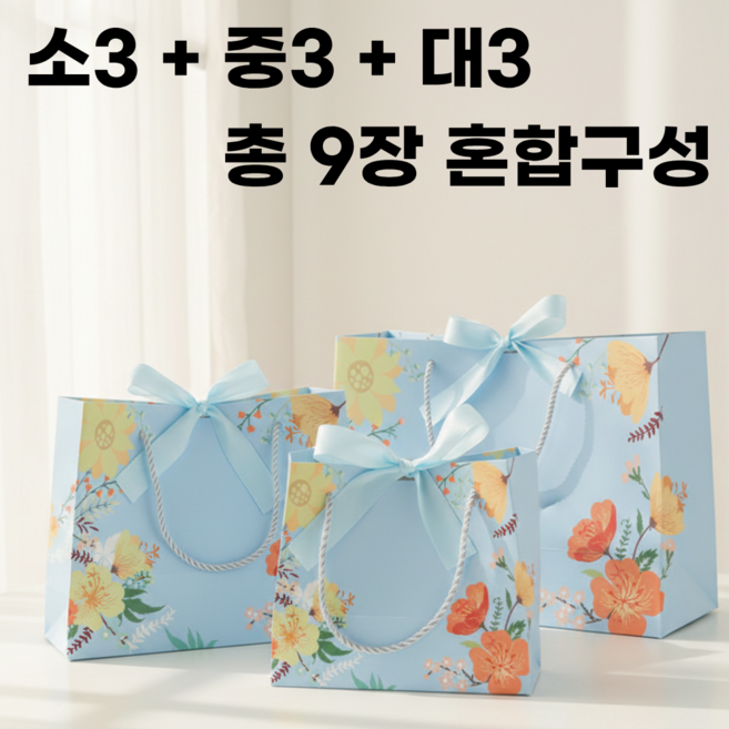 Dewit 튼튼한 고급 리본 쇼핑백 소+중+대 혼합 9장, 9개, 하늘색