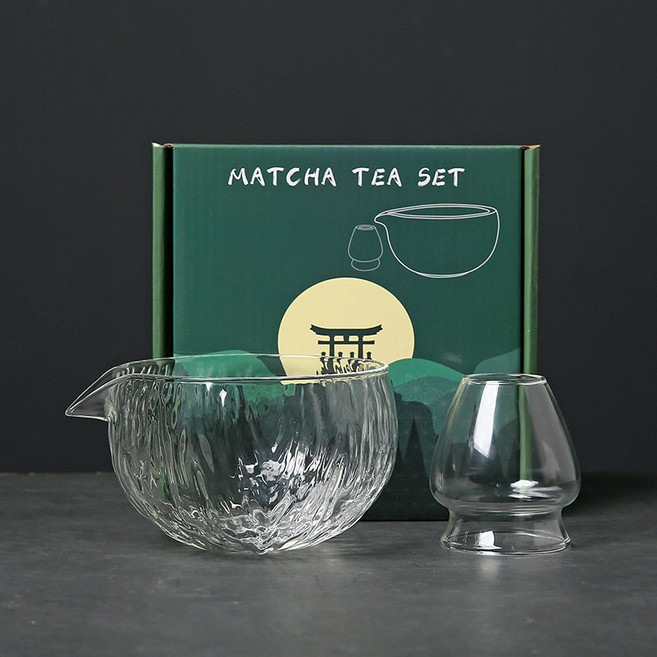 透明玻璃抹茶茶具兩件組 含茶筅, 1套, 白色玻璃碗兩件套+月彩盒