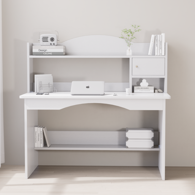 Kurua 나무 다용도 책꽂이콤보 컴퓨터책상, 화이트