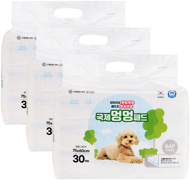 국제멍멍패드 국내생산 친환경 반려견패드 대형 (60x76cm) 3팩 90매, 30개입, 3개