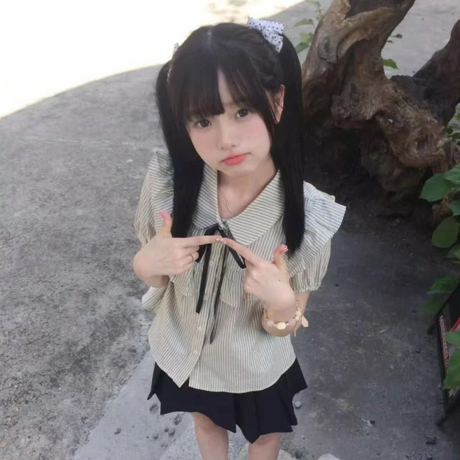 韓系學院風荷葉邊條紋泡泡袖襯衫上衣女夏季高腰百褶A字裙