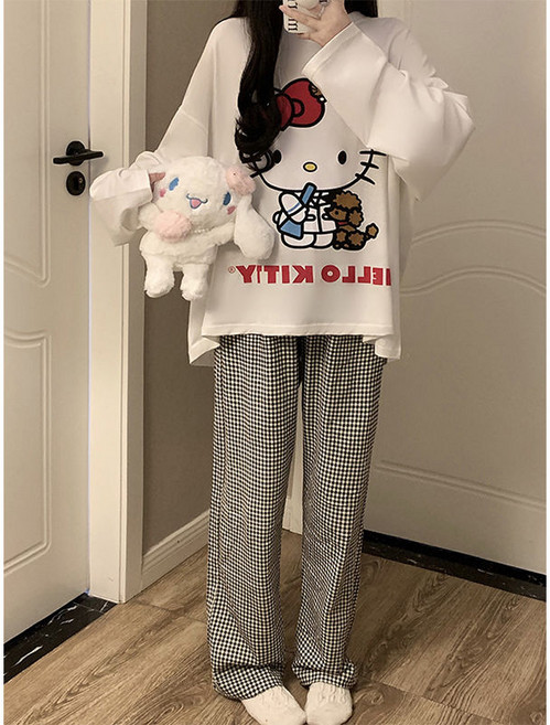 소녀 러블리 헬로키티 프린트 긴팔 파자마 여 봄가을 스위트 캐릭터 루즈핏 실내복 세트