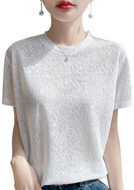 여성용 비스코스 라운드넥 패턴 반팔 니트 티셔츠 데일리 부드러운 스판 이너티 ZH520