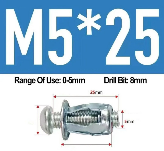 금속 잭 너트 볼트 키트 꽃잎 리벳 나사 플러그 앵커 번호판 클램프 벽 패스너 M4/M5/M6, 20PCS, M5x25mm