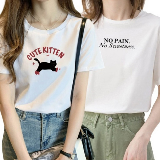 엔젤리크 [1+1] 여성 고양이 레터링 반팔티 반팔티셔츠
