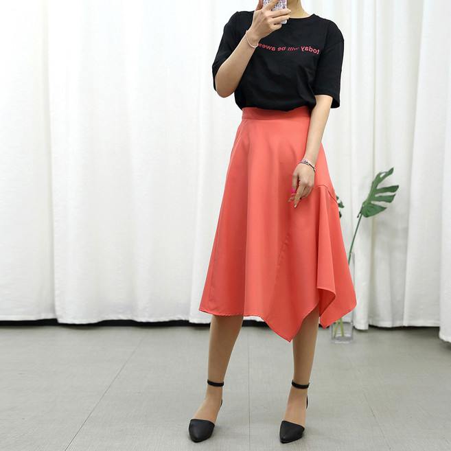 네모엔룩 베라플레어 여성용 허리 뒷밴딩 A라인 언밸런스 절개라인 플레어 미디 스커트