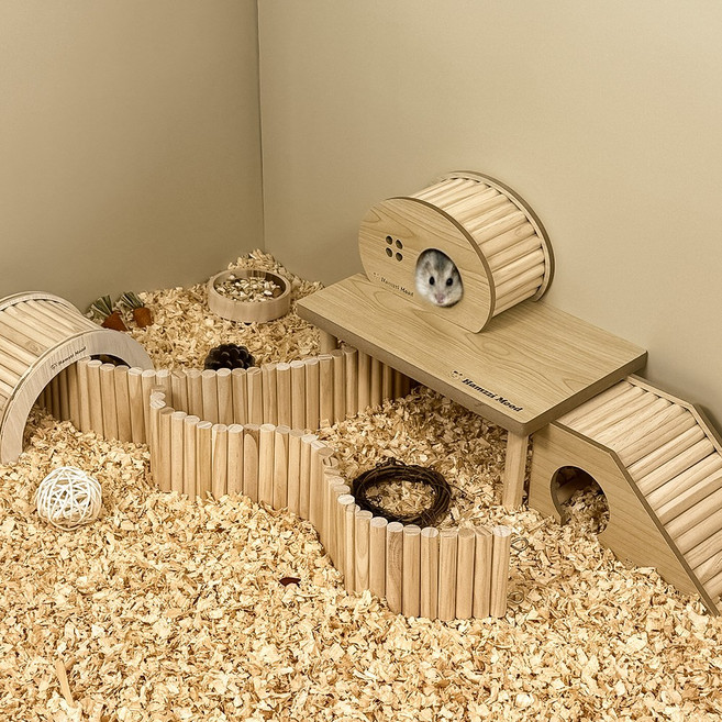 햄찌무드 햄스터 원목 울타리 + 사다리 + 은신처, 4종, 1개