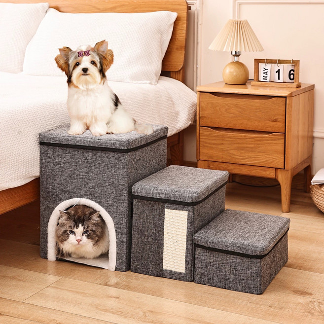 강아지 고양이 계단 3단 4in1 하우스 접이식 수납 스크래처 높이조절 최대 20kg, 그레이, 1개(3단)