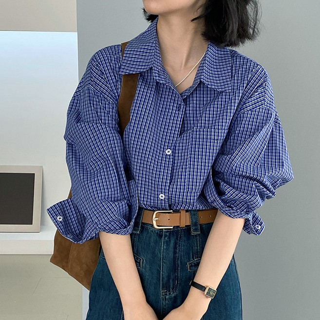 후암마켓 여성 루즈핏 휴양지 심플 블루 체크 긴팔셔츠