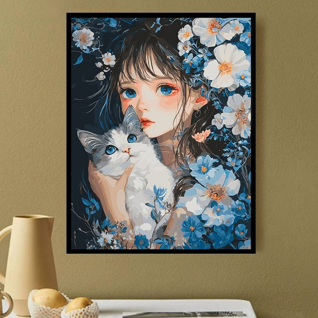 DIY 유화그리기 위메이크페인팅 명화그리기 인테리어, 리넨 캔버스+아크릴 페인트+브러시 세트, JL026 고양이 한여름의 꿈 48색