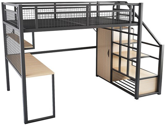 철제 이층 침대 2층 프레임 기숙사 학생 복층 베드 벙커 분리형 성인용 공간절약, 화이트 계단 왼쪽형