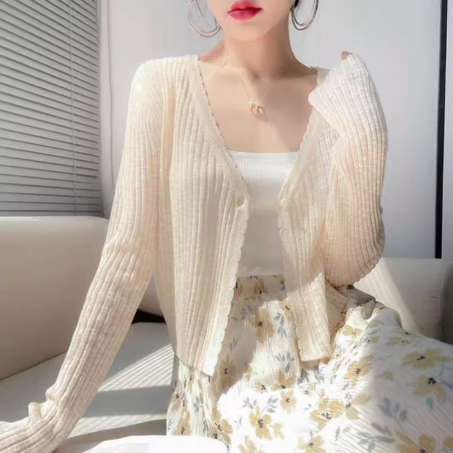 여성 여름 브이넥 쇼트 통기성 아이스 니트가디건 니트 아우터LCL321