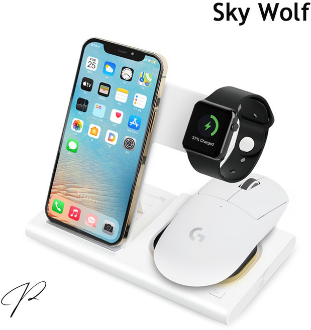 스카이울프 Sky Wolf 4in1 올인원 파워볼 충전기 (로지텍 무선 마우스 G502 G502 X G703 G903 지슈라 지슈라2 호환), 4in1 무선 충전기 화이트 (갤럭시워치 용)