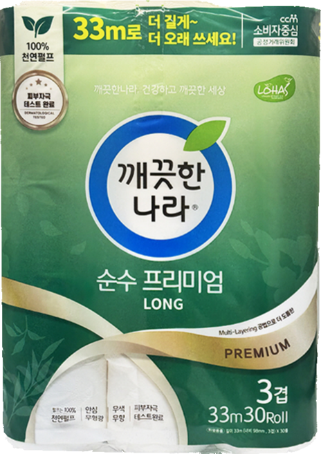 깨끗한나라 순수프리미엄 LONG 33m 30롤 화장지 두루마리 휴지