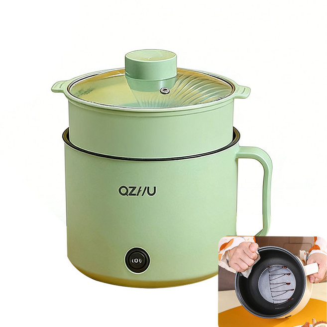 다용도 전기냄비 가정용 라면포트 1.8L용량 유리뚜껑 찜기포함, DTM-녹색