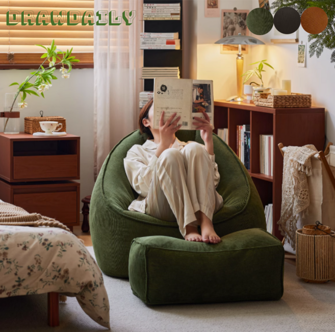 드로우데일리 1인 빈백 쇼파 안락의자(풋스툴 세트), 빈티지그린