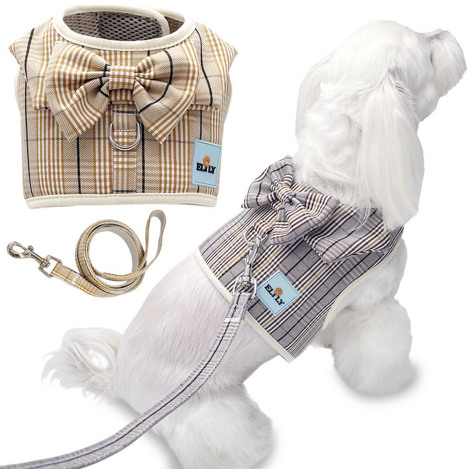 이릴리(ELILY) 강아지 고양이 체크 조끼 하네스 리드줄 가슴줄 Set, 베이지, 1개