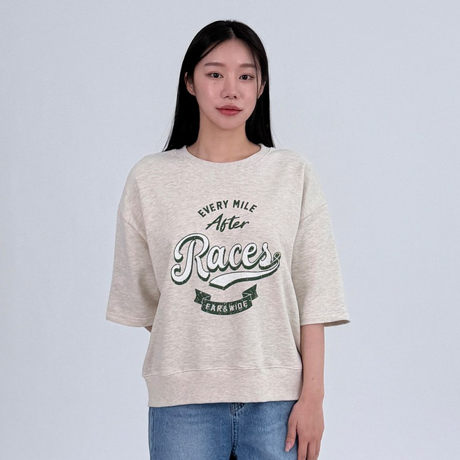 마일 빈티지 캐쥬얼 프린팅 루즈핏 7부 반팔 맨투맨 티셔츠