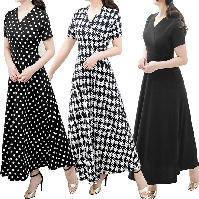 바닐라나인 빅사이즈 구김없는 쿨원단 브이넥 A라인 반팔 롱원피스 V넥 플레어원피스